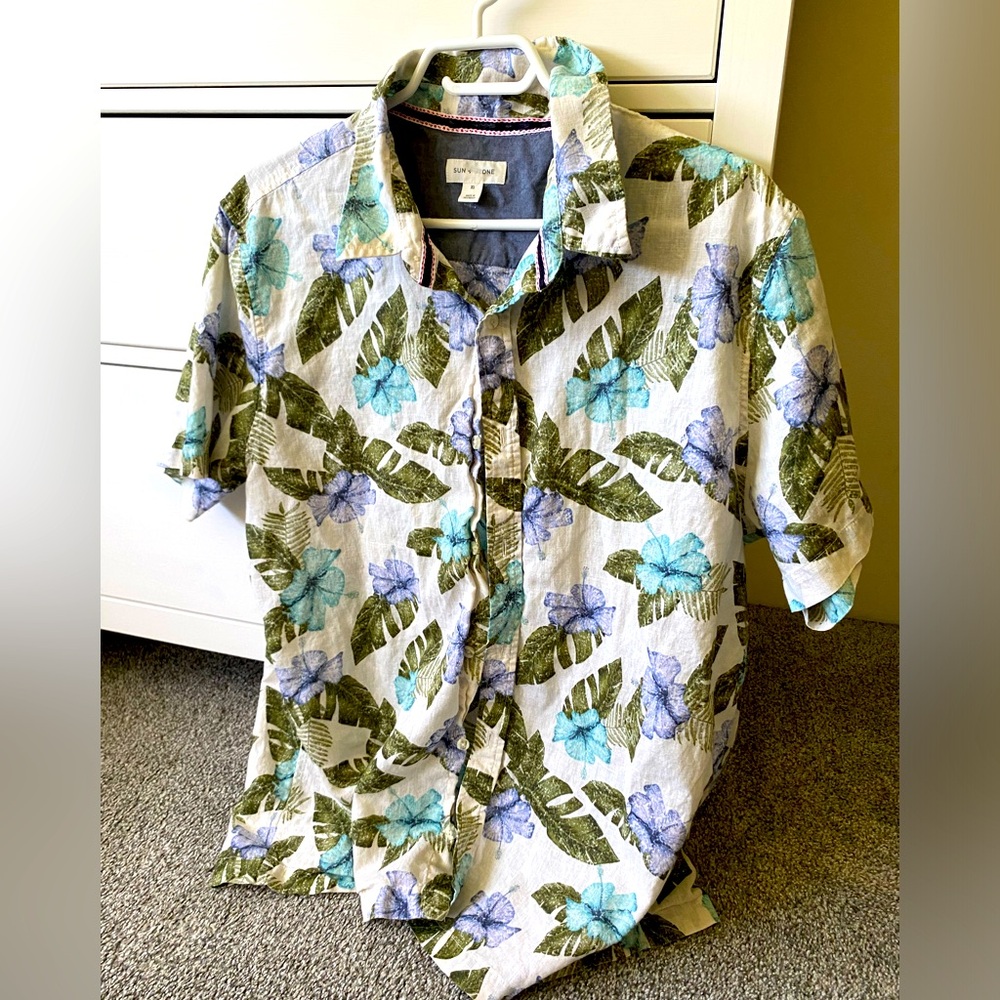 Sun + Stone Hawaiian Button-Up Men’s Shirt Blue & Green Cotton & Linen (XL)